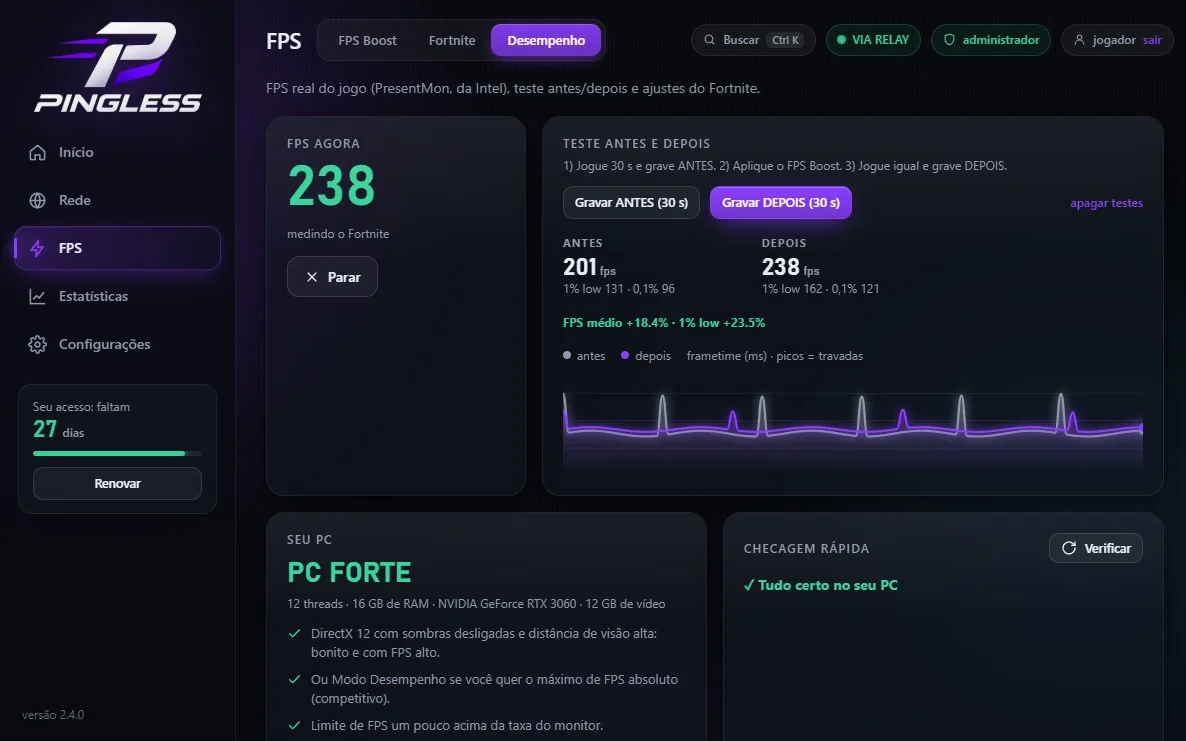 Tela Desempenho do Pingless com o FPS medido e o teste antes x depois