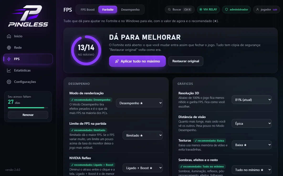 Aba Fortnite com o valor atual e o recomendado de cada configuração