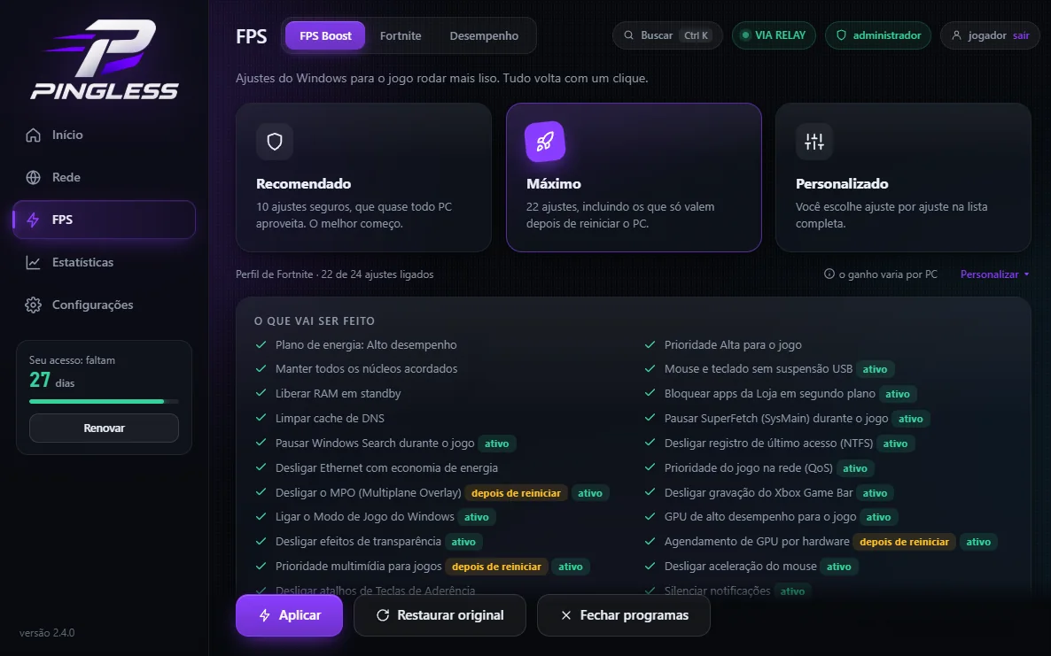 Tela do FPS Boost com os perfis Recomendado e Máximo