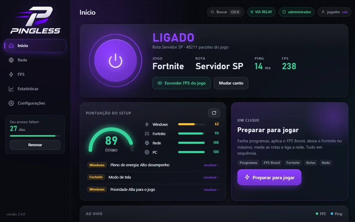 Tela inicial do Pingless com a pontuação do setup